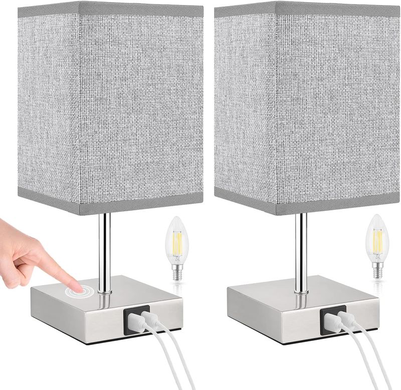 Lovebay Lámpara mesita Noche Táctil, Lámpara de Mesa Regulable, Lámpara de Noche, Con dos puertos de carga USB, Luz Nocturna Moderno para Escritorio, Sala, Dormitorio, Oficina, Habitación