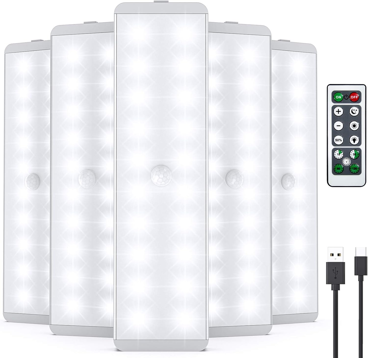 LED Schrankbeleuchtung, 20 LED Sensor Licht mit Bewegungsmelder, USB-Wiederaufladbar Unterbauleuchte Kche mit Fernbedienung, kabellos, fr Treppen, Kleiderschrank, Kche, Flur (5 Stck)