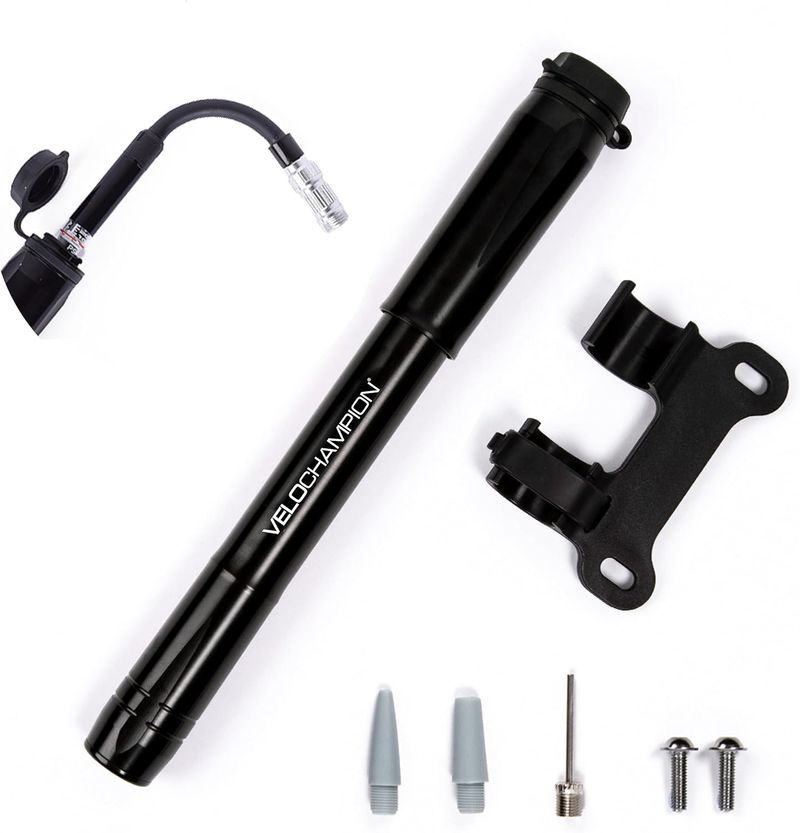 VeloChampion Bomba de bicicleta profesional – manguera flexible de doble válvula + manómetro de hasta 120 psi / 6,8 bar. Adecuado para Presta & Schrader