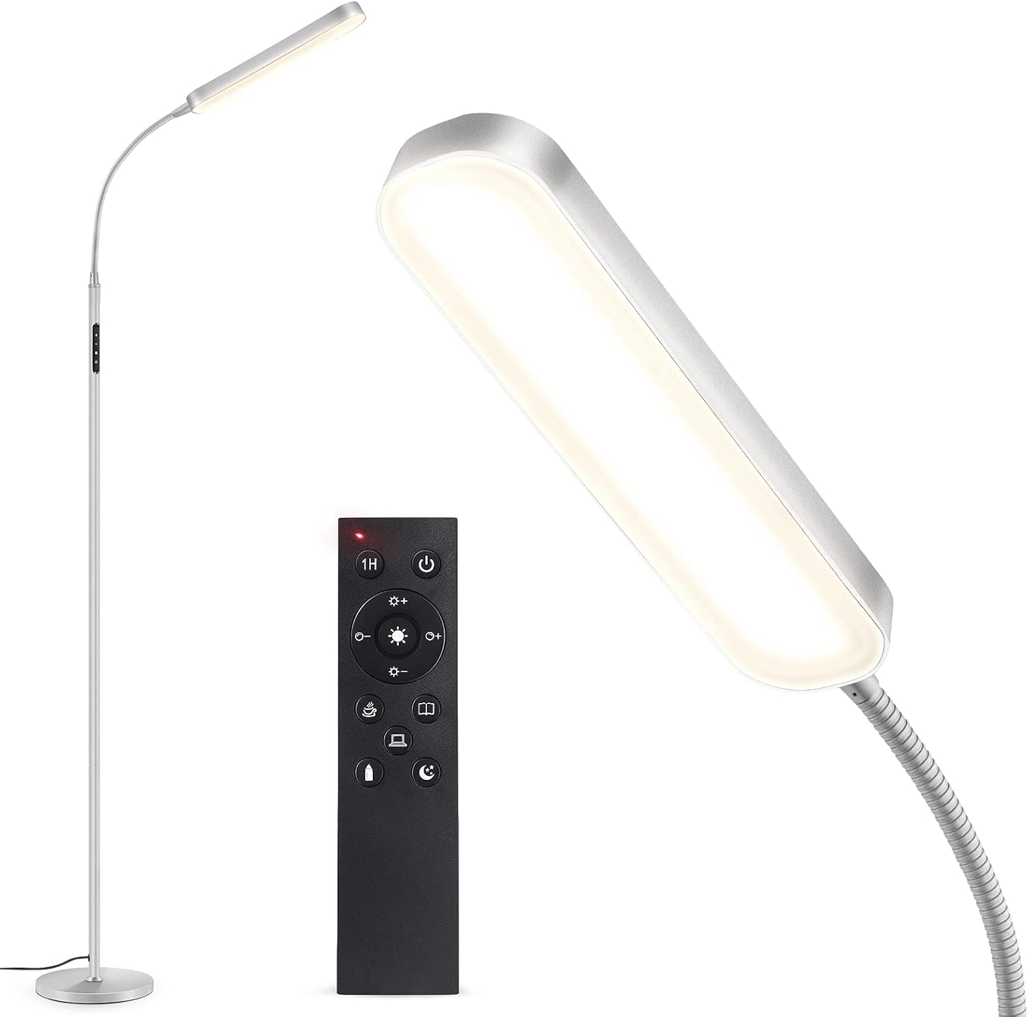 Lámpara de pie LED regulable OUTON de 15 W y 1500 lm, lámpara de lectura con 4 temperaturas de color, mando a distancia y control táctil, temporizador de 1 h, luz de lectura para salón, dormitorio y oficina, gris plateado.