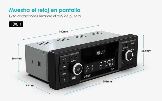 RDS Radio Coche, ieGeek 1DIN Autoradio Bluetooth 5.0 Estéreo, 2 Botones de Control Principales, 60WX4 Soporta FM/Am/Extra Bass/AUX/MP3/USB/SD/Control Remoto, Reloj de Visualización, Guardar 30 Radio