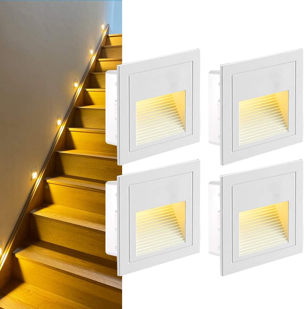 GEYUEYA Home 4 unidades de iluminación LED para escaleras de aluminio, 230 V, 3 W, lámpara de pared de cristal con empotrado, iluminación cuadrada LED para escaleras, iluminación escalonada IP65