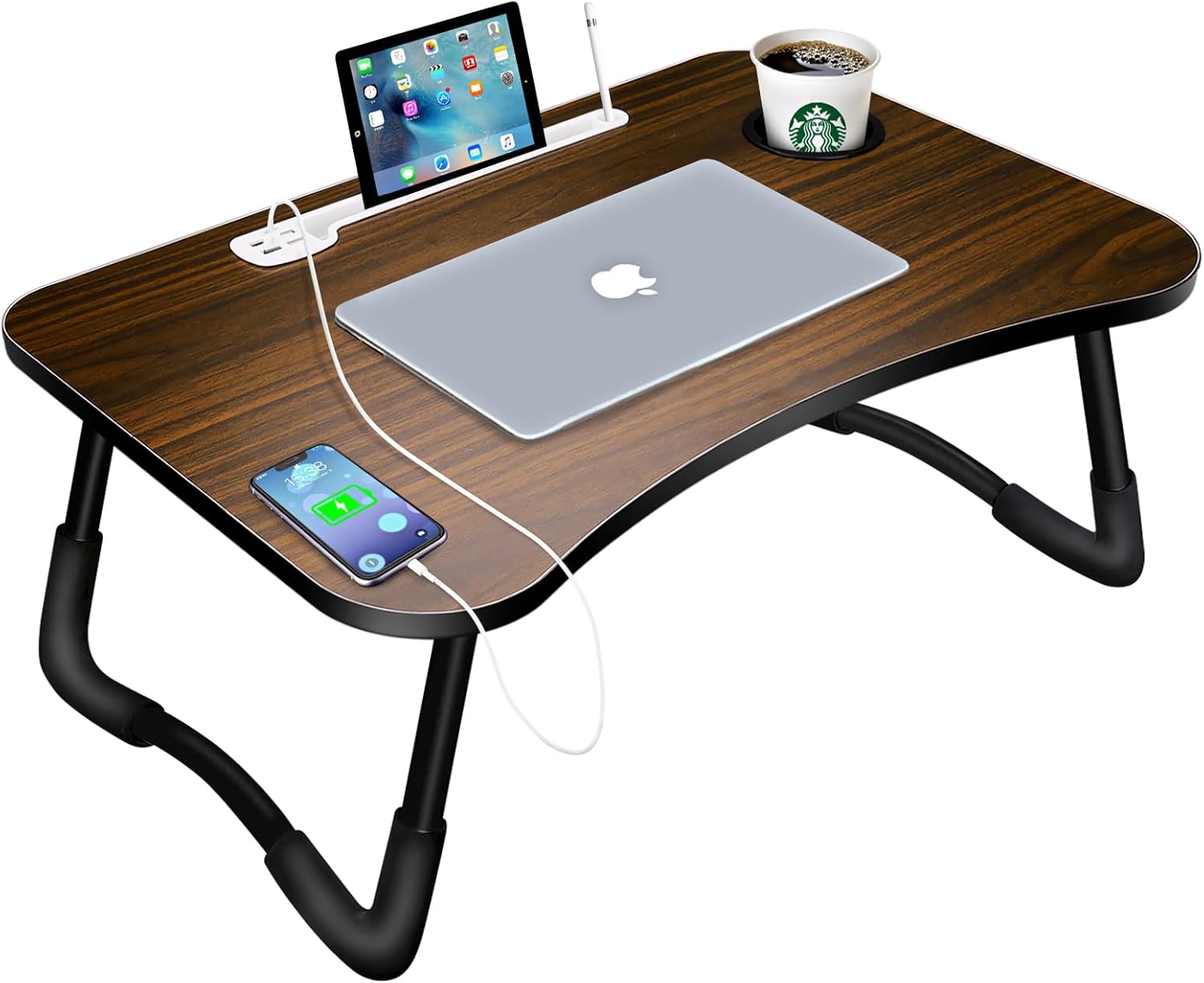 Mesa para portátil A3A ACADGQ, plegable, con 4 puertos de carga USB, cajón, soporte para tableta y ranura para vasos, ideal para cama, sofá o suelo (60 x 40 cm, marrón)