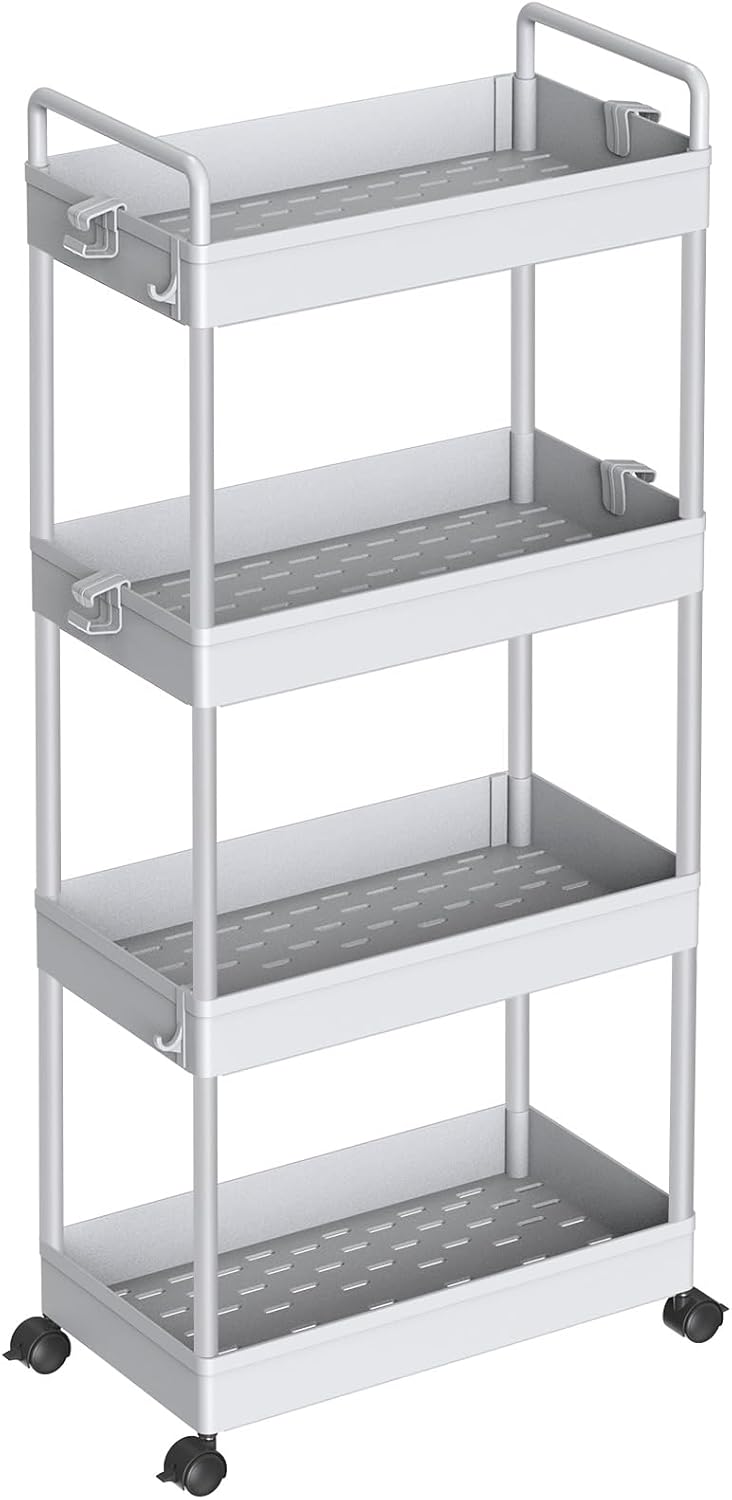 SOLEJAZZ - Carrito de almacenamiento de 4 niveles, extensible, con ruedas, organizador móvil para cocina, baño, lavadero, dormitorio y espacios reducidos, plástico, gris