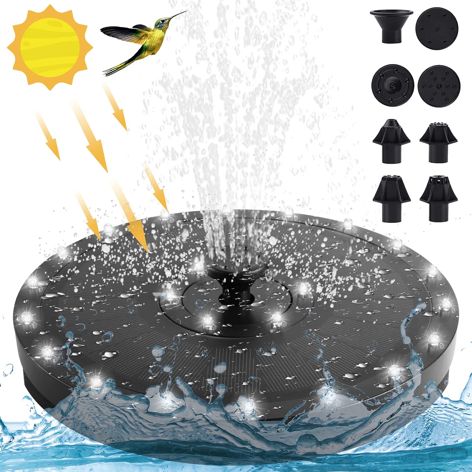 longziming Fuente solar LED de 3.5 W, bomba solar para estanque, batería de 2000 mAh, boquilla 4 en 1, 24 luces LED, para circulación de agua, decoración de jardín, 18 cm de diámetro