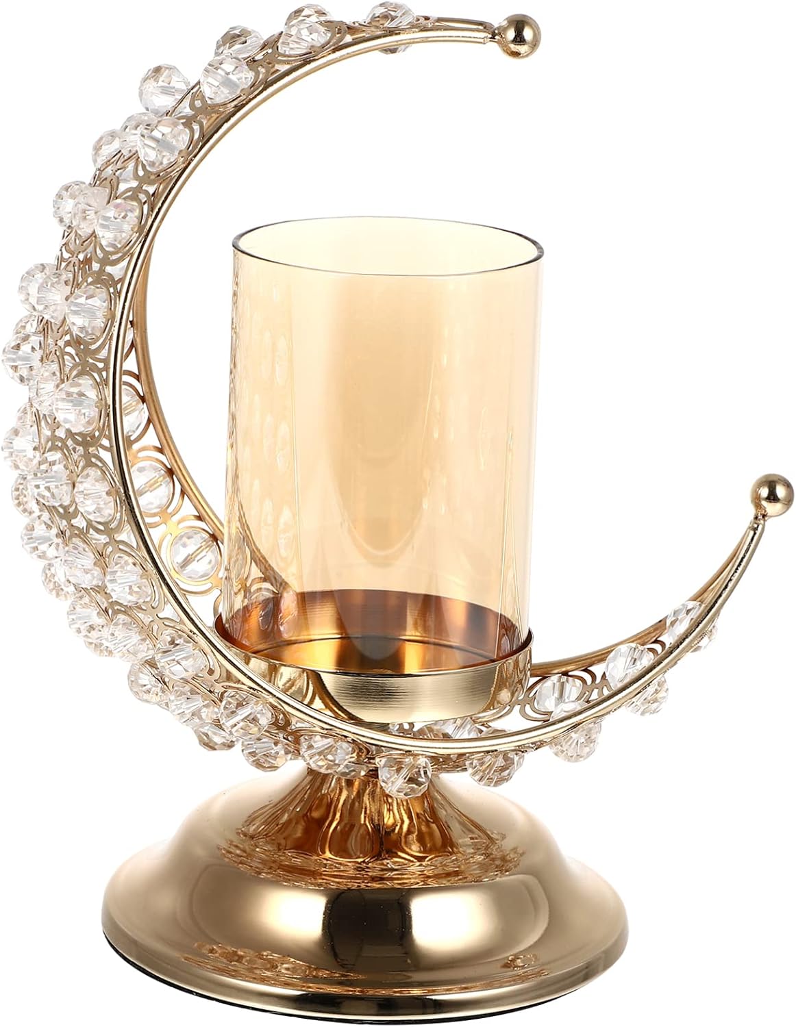 PRETYZOOM Portavelas dorado Ramadan, diseño de luna, cristal, portavelas árabe, metal, para Eid Mubarak, adornos, musulmanes, decoración del salón, mesa o decoración musulmana