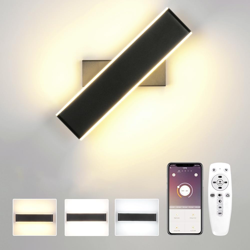 Aplique LED de pared para interiores con control remoto y aplicación Bluetooth, lámpara de pared inteligente de 24 W, regulable de 2700 K a 6500 K, temperatura de color y brillo ajustables, iluminación de pared moderna con modo de luz nocturna.