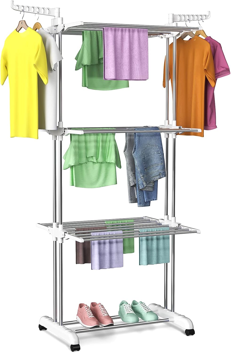 Secadora de ropa Innotic con ruedas, multifuncional, de 4 niveles, plegable, ahorra espacio, con alas, ideal para uso en interiores y exteriores (blanco y gris)