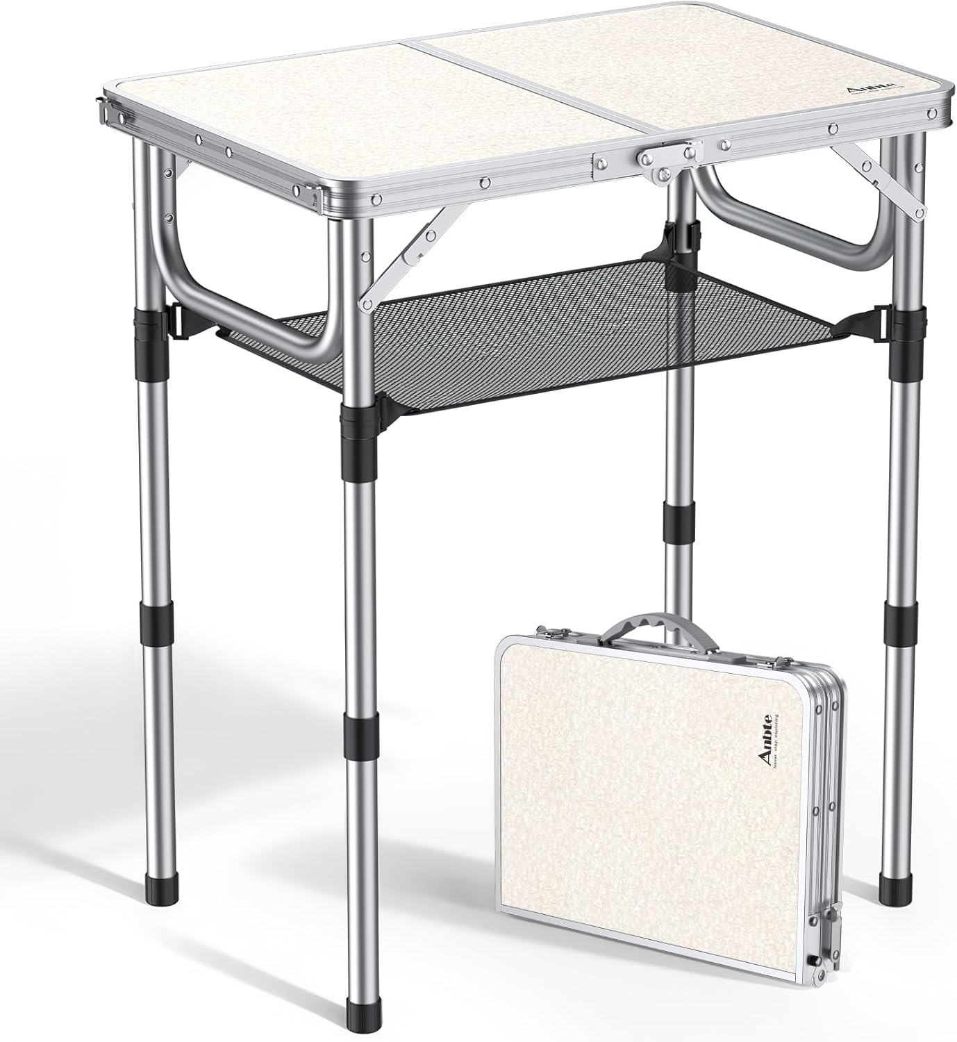 Mesa de camping Anbte, plegable, 60 x 40 cm, con marco de aluminio y 3 alturas ajustables (26/48/70 cm), mesa de picnic con red de almacenamiento, mesa portátil multifuncional para camping, playa y balcón (blanca)