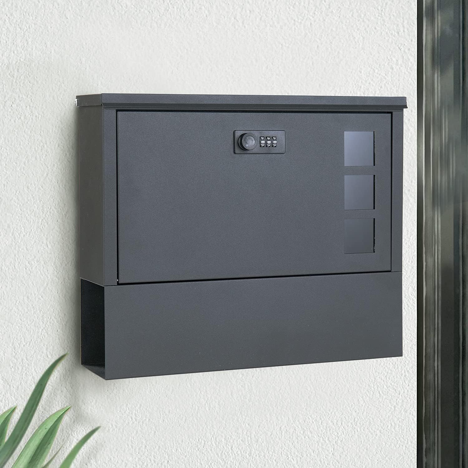 Buzón MAITTON con cerradura de combinación - Buzón de pared negro con compartimento para periódicos de acero inoxidable, buzón moderno con ventana, con cerradura