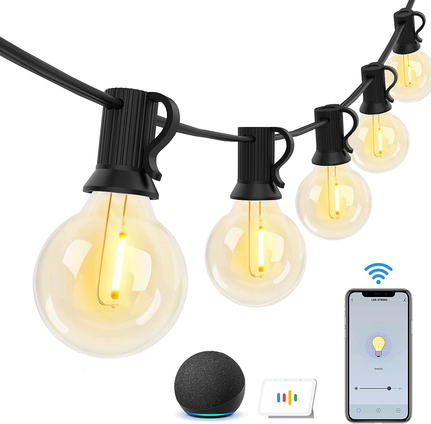 Bomcosy Smart Guirnaldas luminosas de exterior, 9.14M Regulable Guirnaldas Luces Exterior de 2.4G Wi-Fi y control de Alexa, Cadena de Luces IP45 Impermeable para Jardín, Terraza, Patio, Fiestas [Clase de eficiencia energética G]