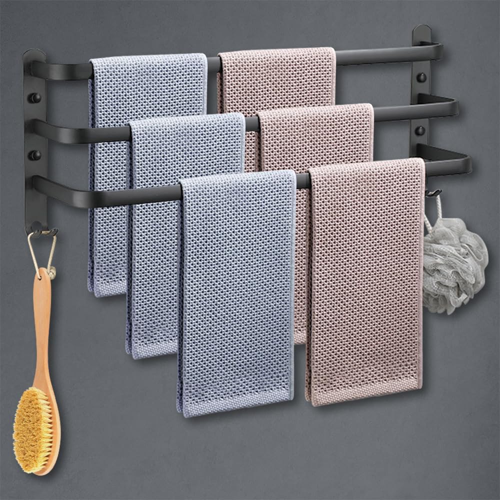 HONPHIER Toallero de pared de aluminio de 3 niveles para baño, montado en la pared, para baño, cocina, inodoro (negro, 60 cm)