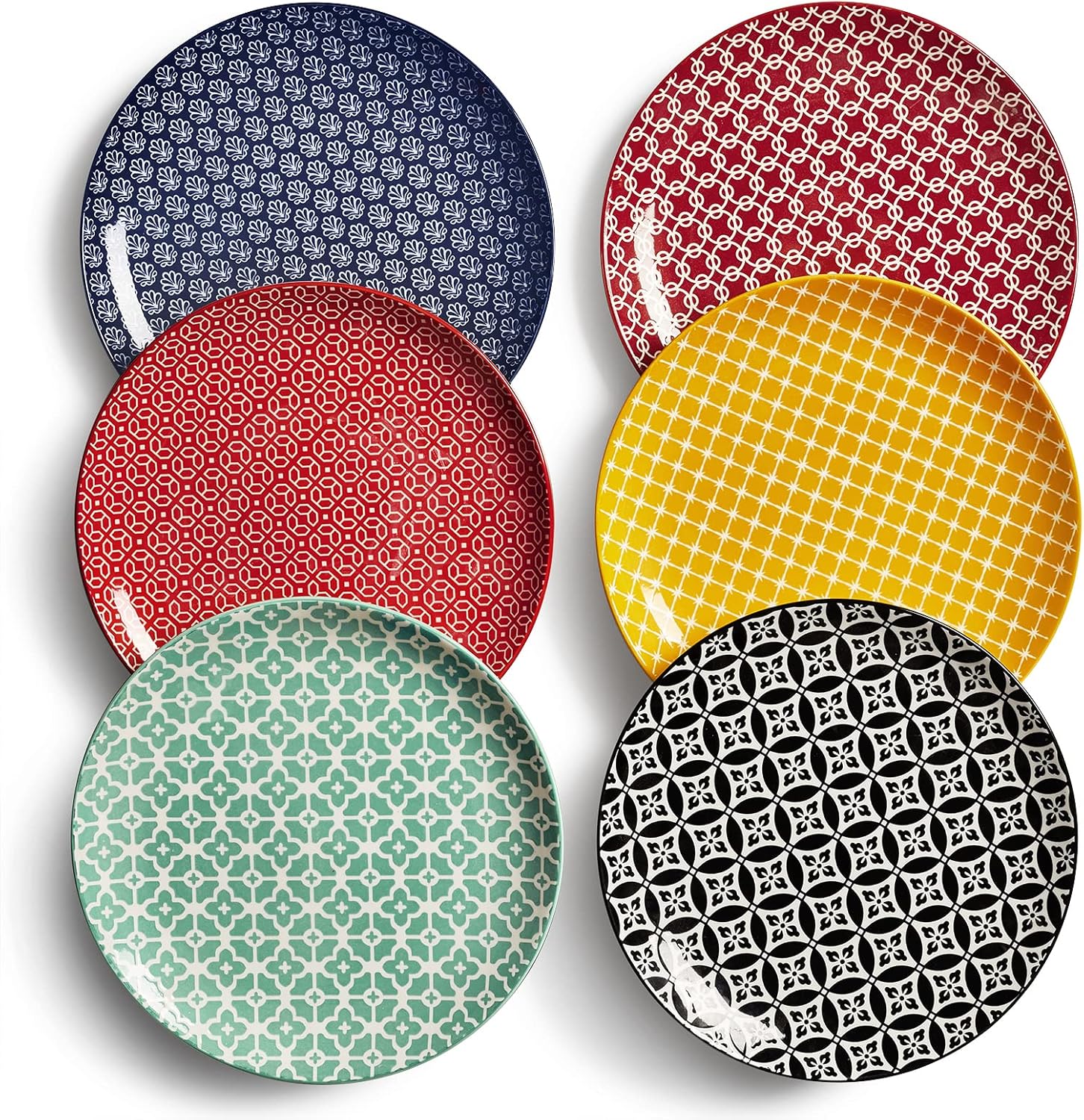 DOWAN Juego de 6 platos llanos, diámetro 21,5 cm, platos de postre y ensalada de porcelana, platos para servir aperitivos, desayuno, pasteles, snacks, microondas, horno y lavavajillas, colores vivos