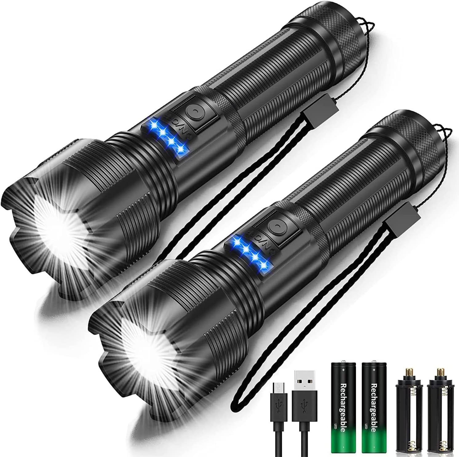 Karrong Linterna LED recargable por USB, extremadamente brillante, 5000 lúmenes, XHP50, linterna táctica IPX4, resistente al agua, 5 modos, senderismo, emergencias (con batería de 2200 mAh 18650)