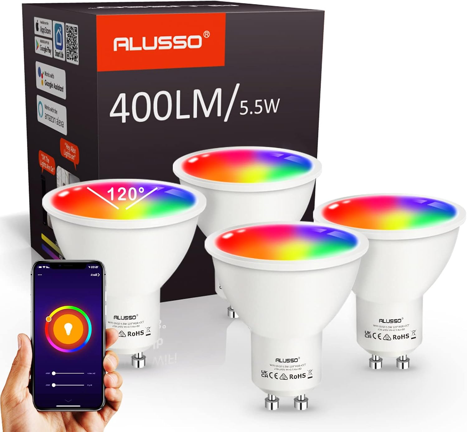 ALUSSO WiFi Smart GU10 Bombillas LED, Blanco y Color 120° Bombillas, Regulable 5.5W RGB/WW/CW, Compatible con Alexa Google Home, Regulable 2700K-6400K, No Requiere Hub, Paquete de 4