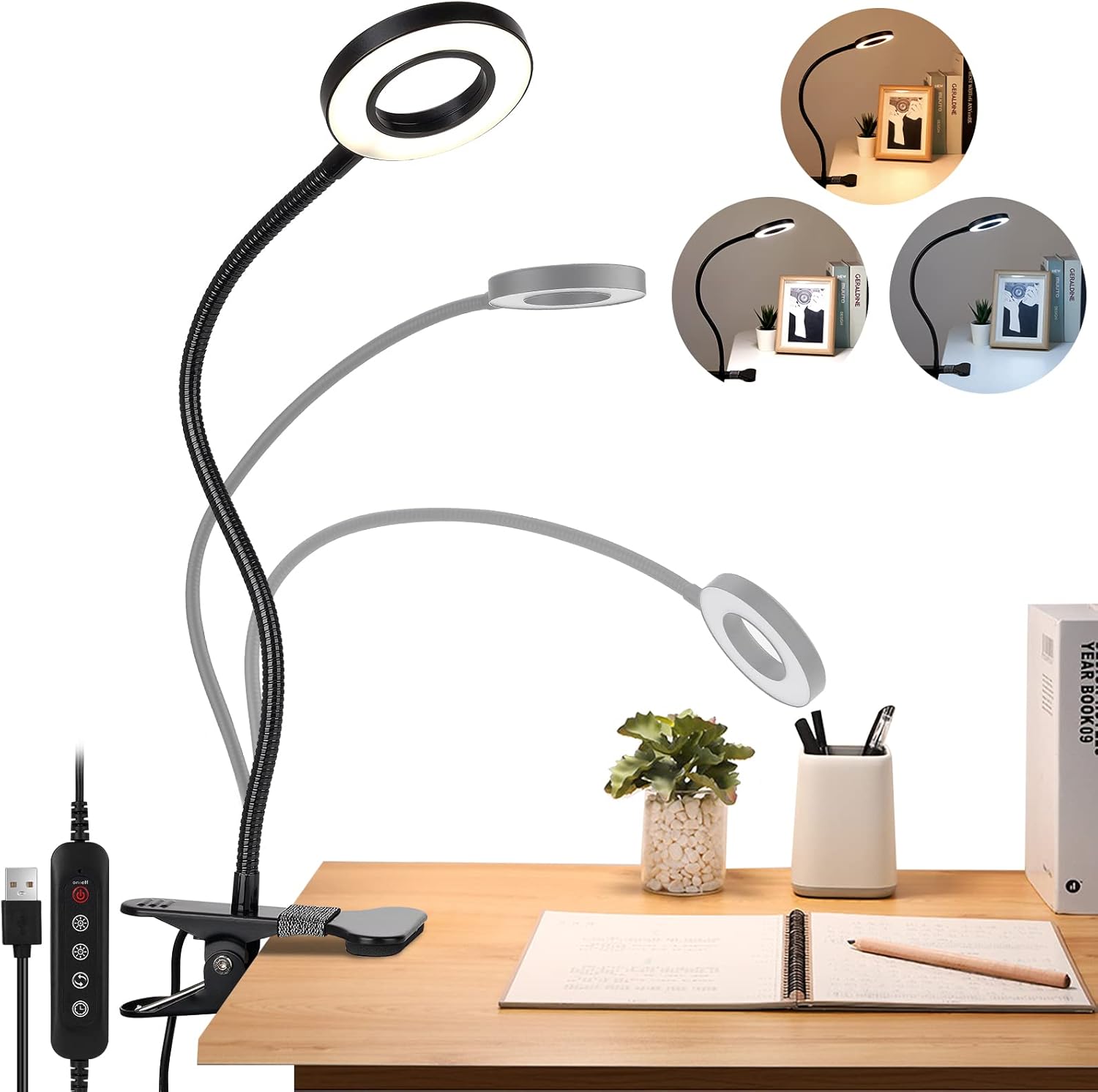 Sunnest Lámpara LED de lectura para el cuidado de los ojos, luz de lectura con pinza de 360°, cuello de cisne, lámpara de escritorio, lámpara de pinza regulable para dormitorio y oficina, con 3 modos y 10 niveles de brillo, color negro, 8,5 W