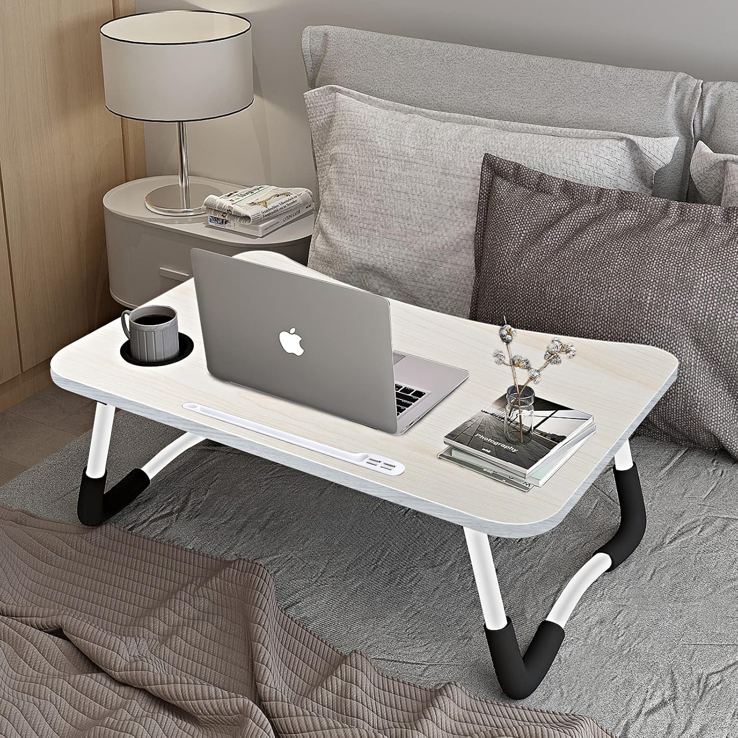 A3A ACADGQ Mesa para computadora portátil, mesa de cama para computadora portátil, plegable, mesa para computadora portátil con 4 puertos de carga USB, cajón, soporte para tableta, ranura para tazas, 
