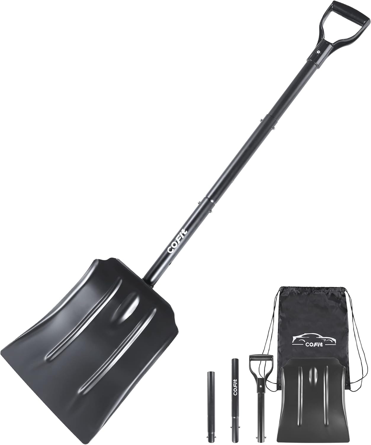 COFIT Pala de nieve para coche grande de 120 cm, pala de nieve ancha de aluminio, pala de avalanchas multifuncional para exteriores, camping, pala de jardín, pala de invierno de metal, negro