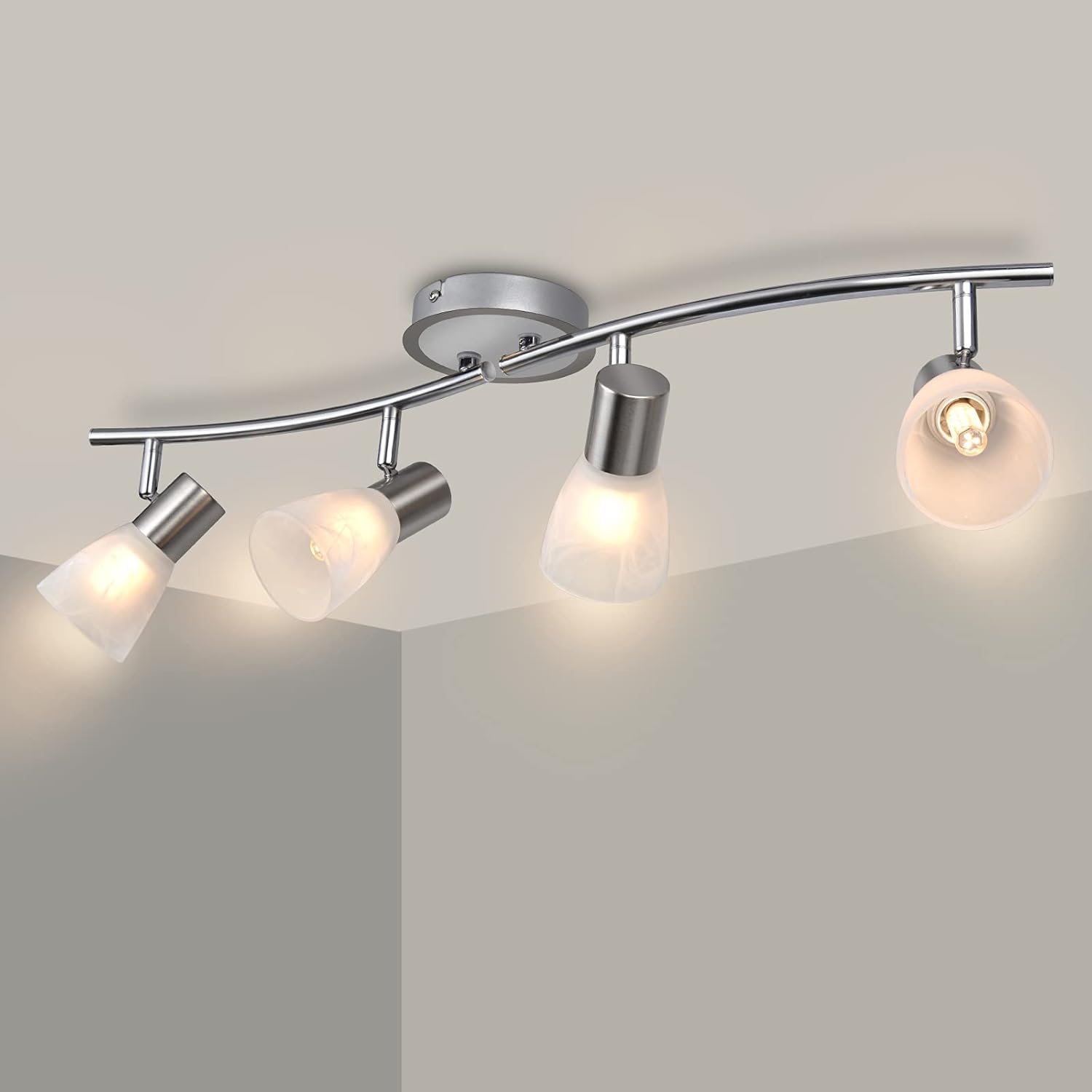 Unikcst Plafón LED de 4 Focos Orientables, Luminaria de Techo Giratoria Sin Ampollas LED E14, Focos de Techo Modernos para Cocina, Sala de Estar, Dormitorio, Pasillo, Ampolla no incluida.