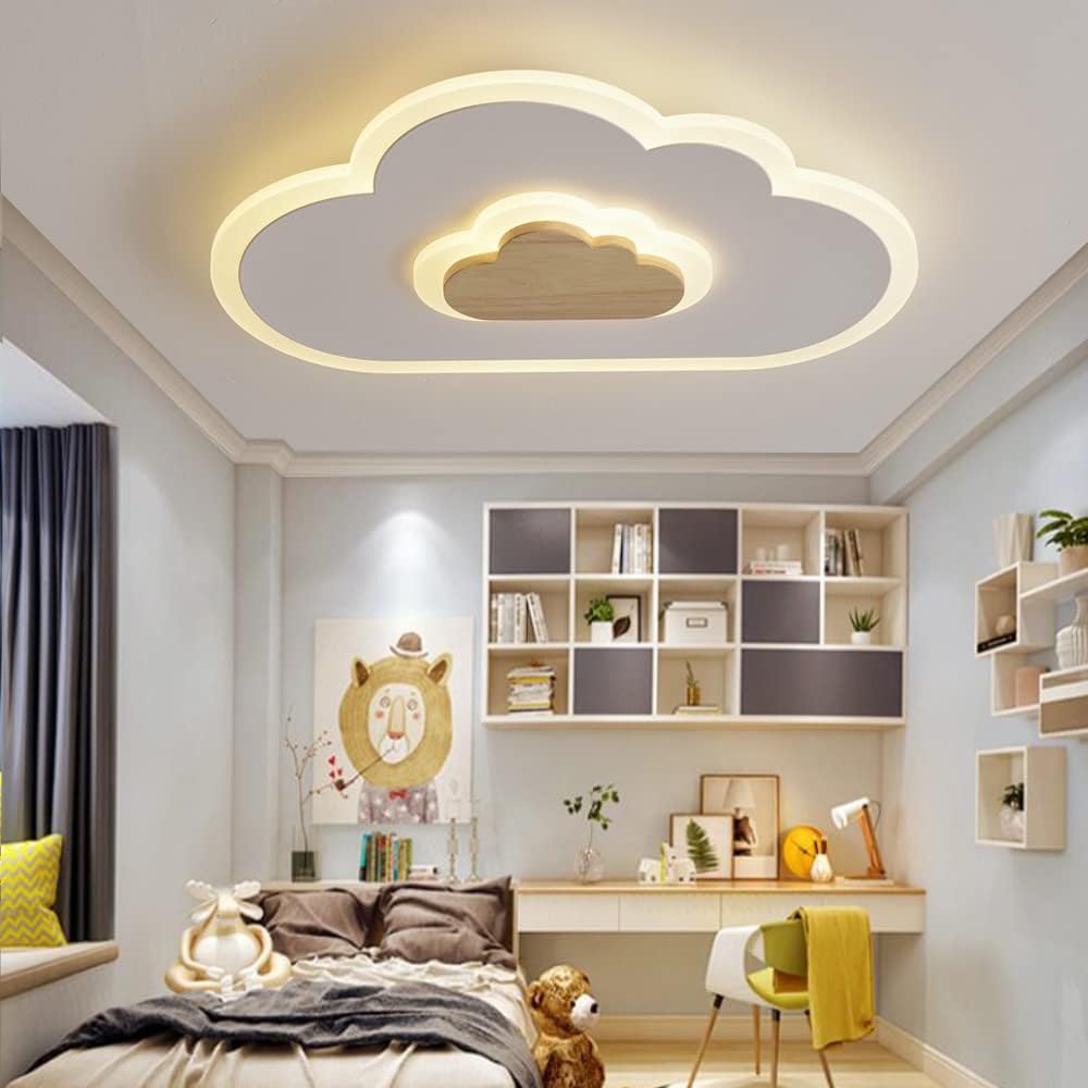 Lámpara de techo LED con diseño creativo de nube, fabricada en hierro, acrílico y madera de caucho. Disponible en varios tamaños (30 cm a 80 cm) y potencias (17 W a 50 W). Ajuste de brillo del 10% al 