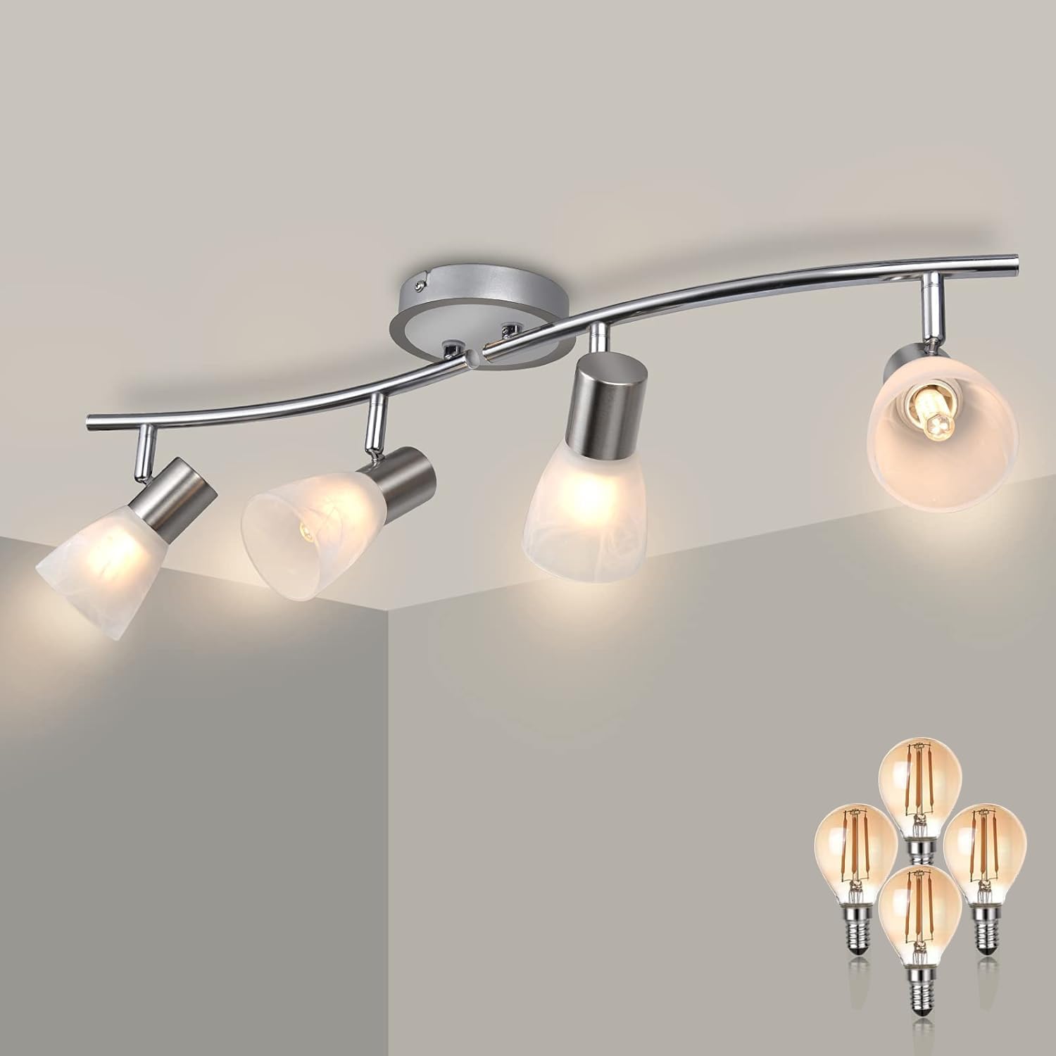 Unikcst Lámpara de techo con con 4 focos LED, Focos de Techo con Pantallas de Vidrio, Lámpara de Techo con 4 Bombillas E14 4W 400LM Blanco Cálido, Luminaria de Techo para Sala, Comedor, Cocina