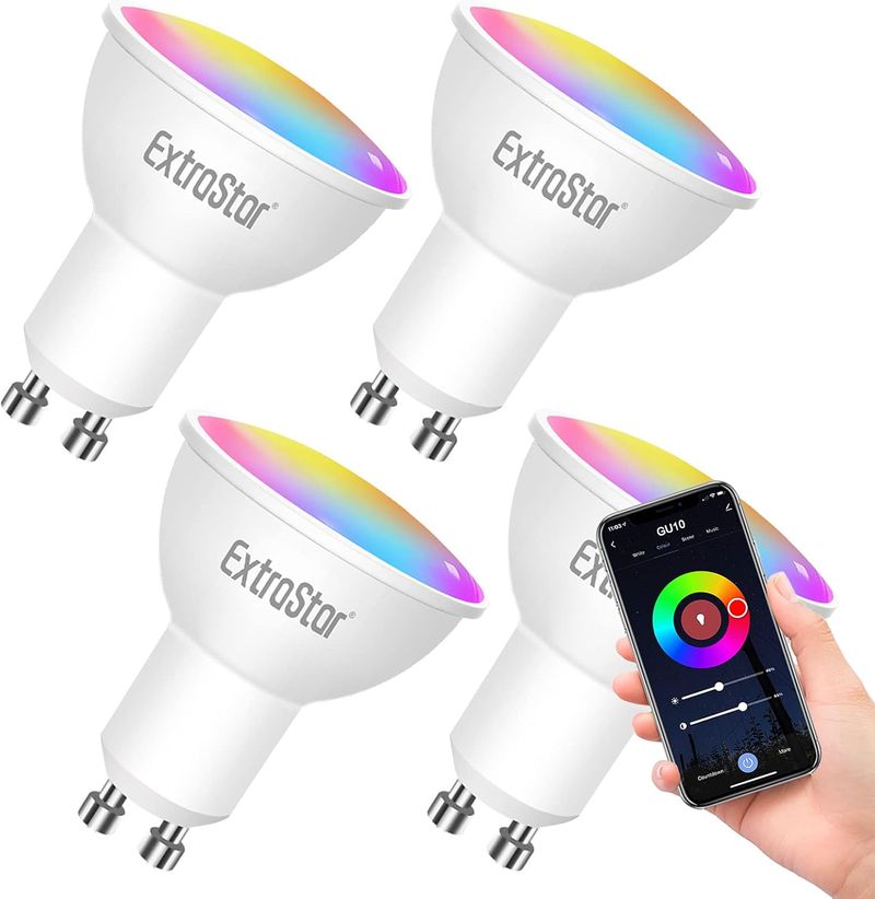 EXTRASTAR Bombilla LED Intelligente WiFi GU10, 6W, 480 Lúmenes, Regulable Multicolor + Luces Cálidas/Frías, Funciona con Alexa y Google Home, 4 pcs