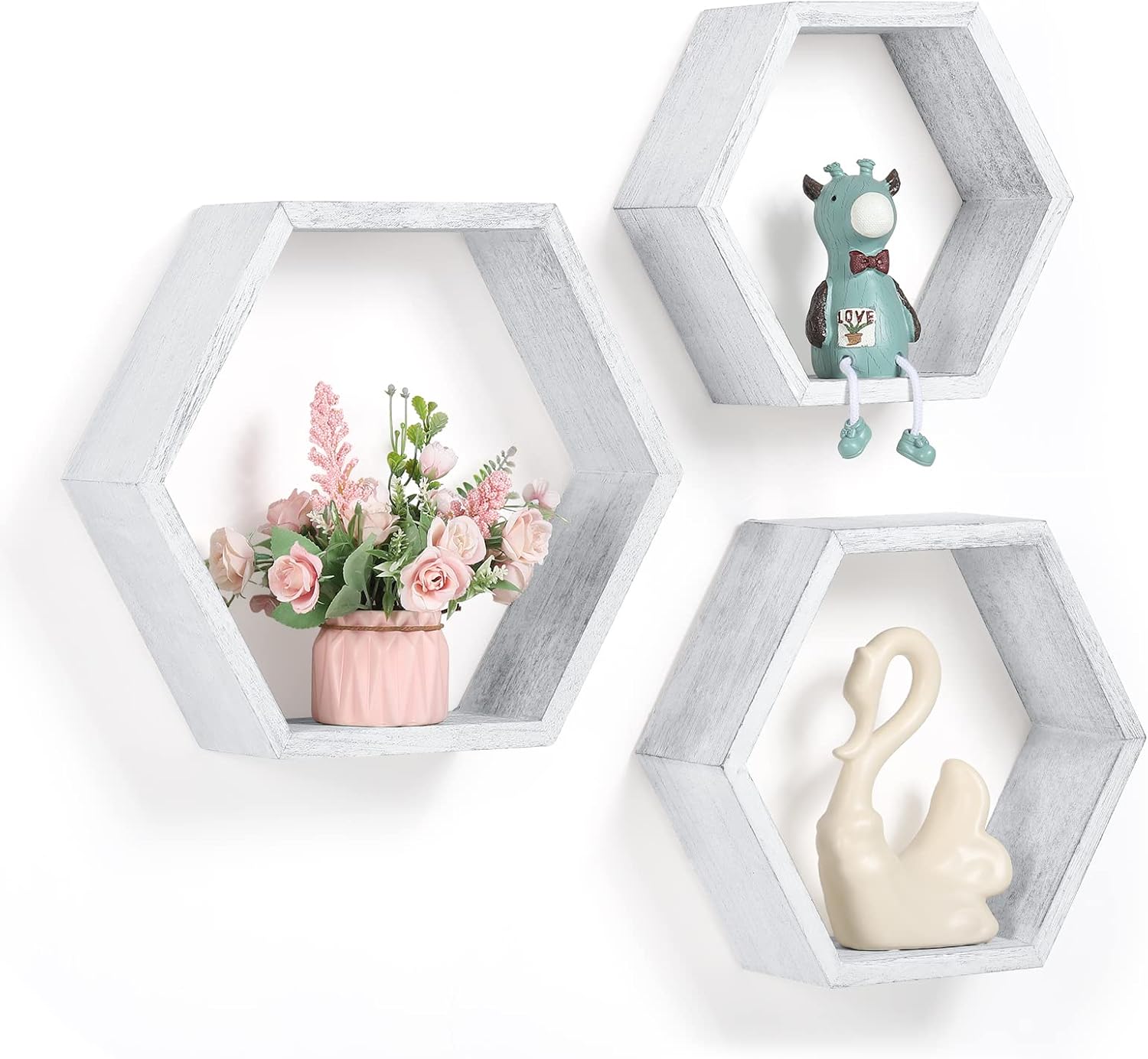 Estantes hexagonales flotantes, para pared, estilo rústico, de madera, con diseño de panal. Juego de 3 estantes hexagonales, ideales para la decoración del hogar. Perfectos para sala, dormitorio u oficina. Disponibles en gris y blanco.