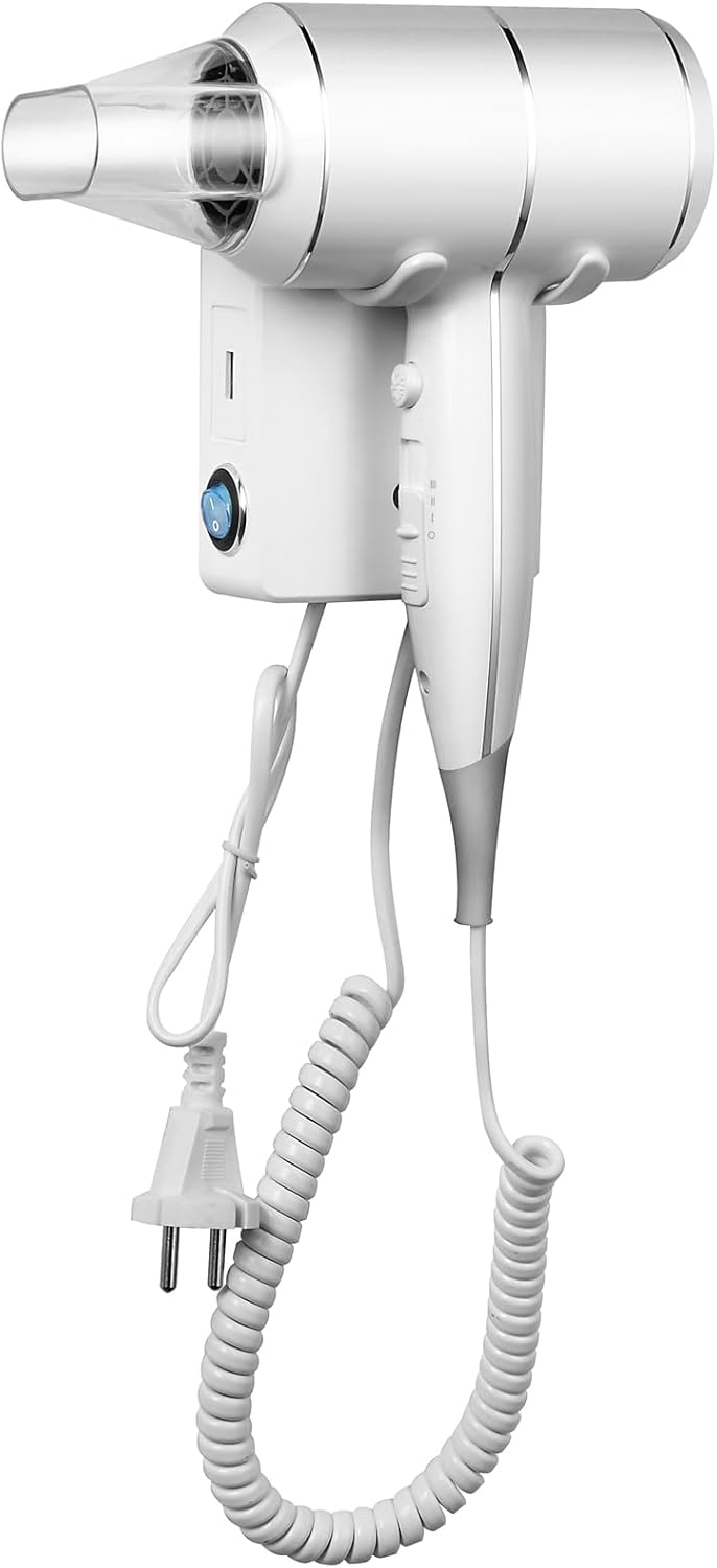 QL Secador de pelo Iónico con Tecnología ThermoProtect 2000W - Soporte de Pared y Toma USB - para Hoteles,Casas - Blanco