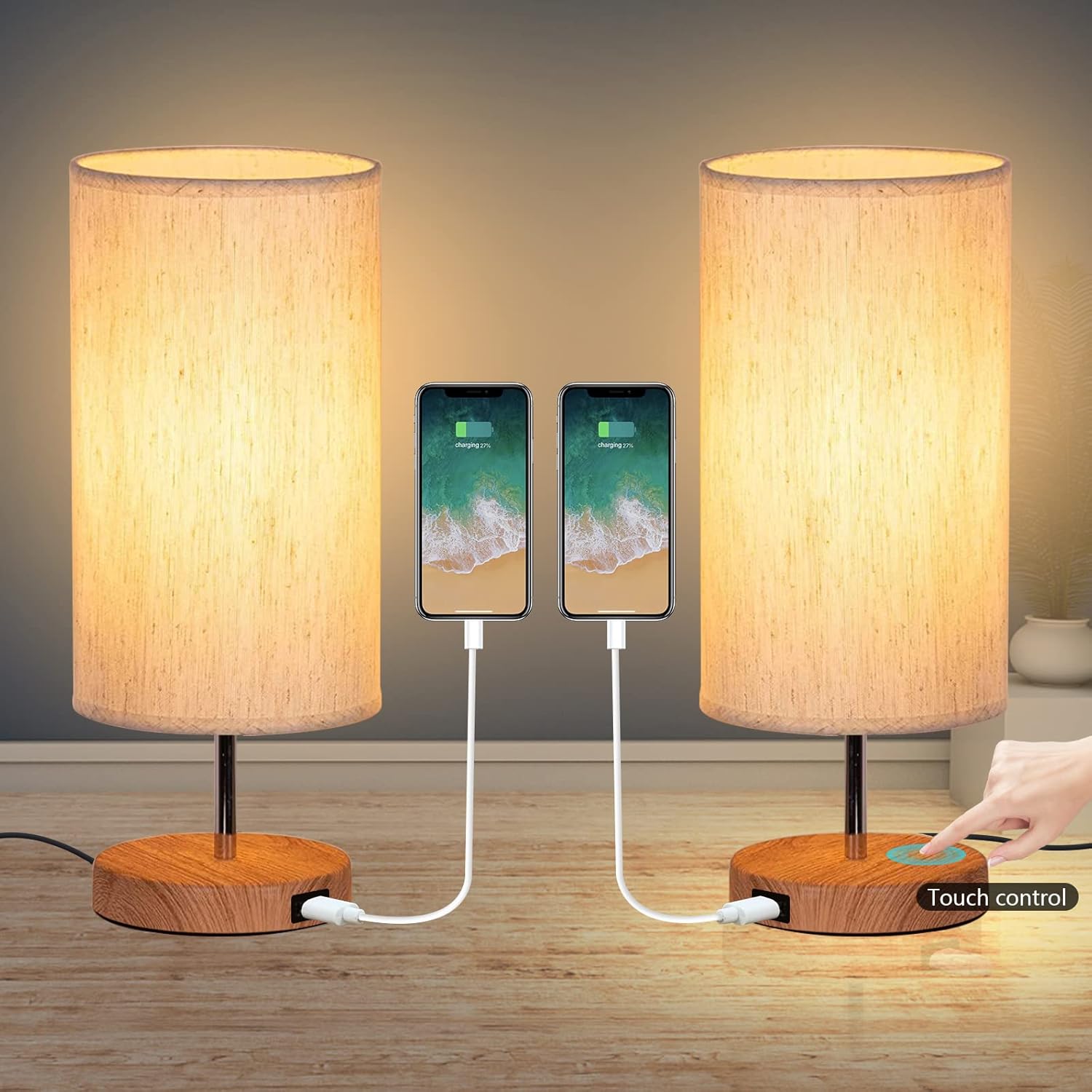 GLUROO Juego de 2 lámparas de mesa con control táctil, 3 temperaturas de color y brillo continuo, puertos de carga USB, lámparas de noche Bombillas E27*2 para sala de estar, residencia de estudiantes,
