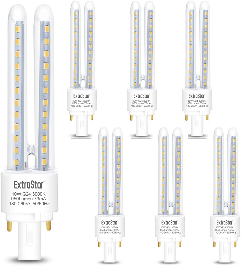 EXTRASTAR 2 Pines Bombillas LED PLC Tubo 2U,80W, 900Lm, Maiz G24, Blanco Cálido 3000K, No regulable Pack de 6