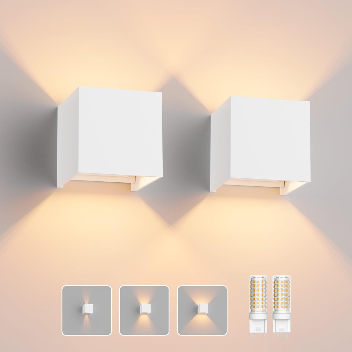 Klighten Paquete de 2 Lámparas de Pared con Lámpara LED G9 Intercambiable Blanco Cálido 3000K, Lámpara de Pared LED de Aluminio Interior/Exterior Ángulo de Haz Ajustable Iluminación Exterior para Saló