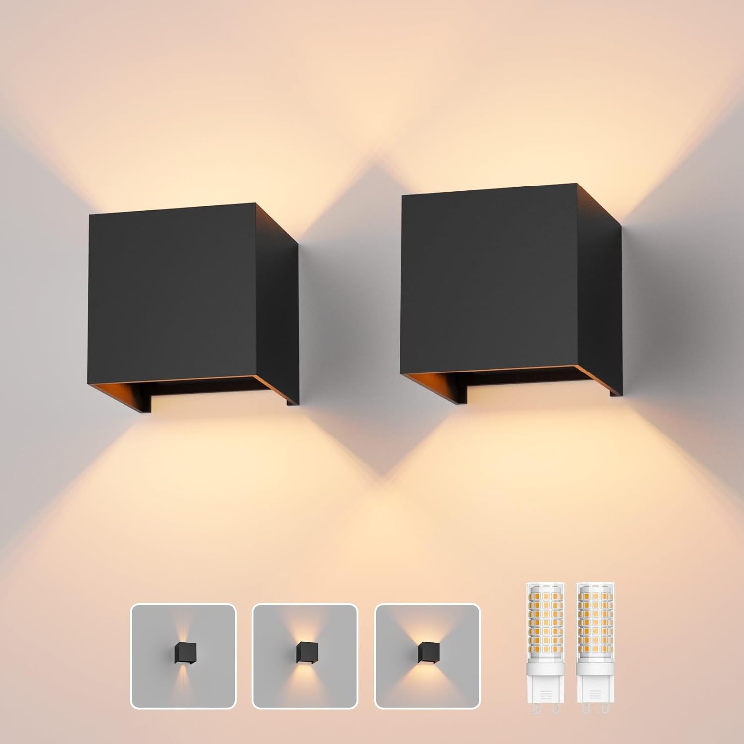 Klighten Aplique de 2 Piezas con lámpara LED G9 reemplazable Blanco cálido 3000K, Aplique de Aluminio LED Interior/Exterior Ángulo de Haz Ajustable iluminación Exterior para salón jardín, Negro