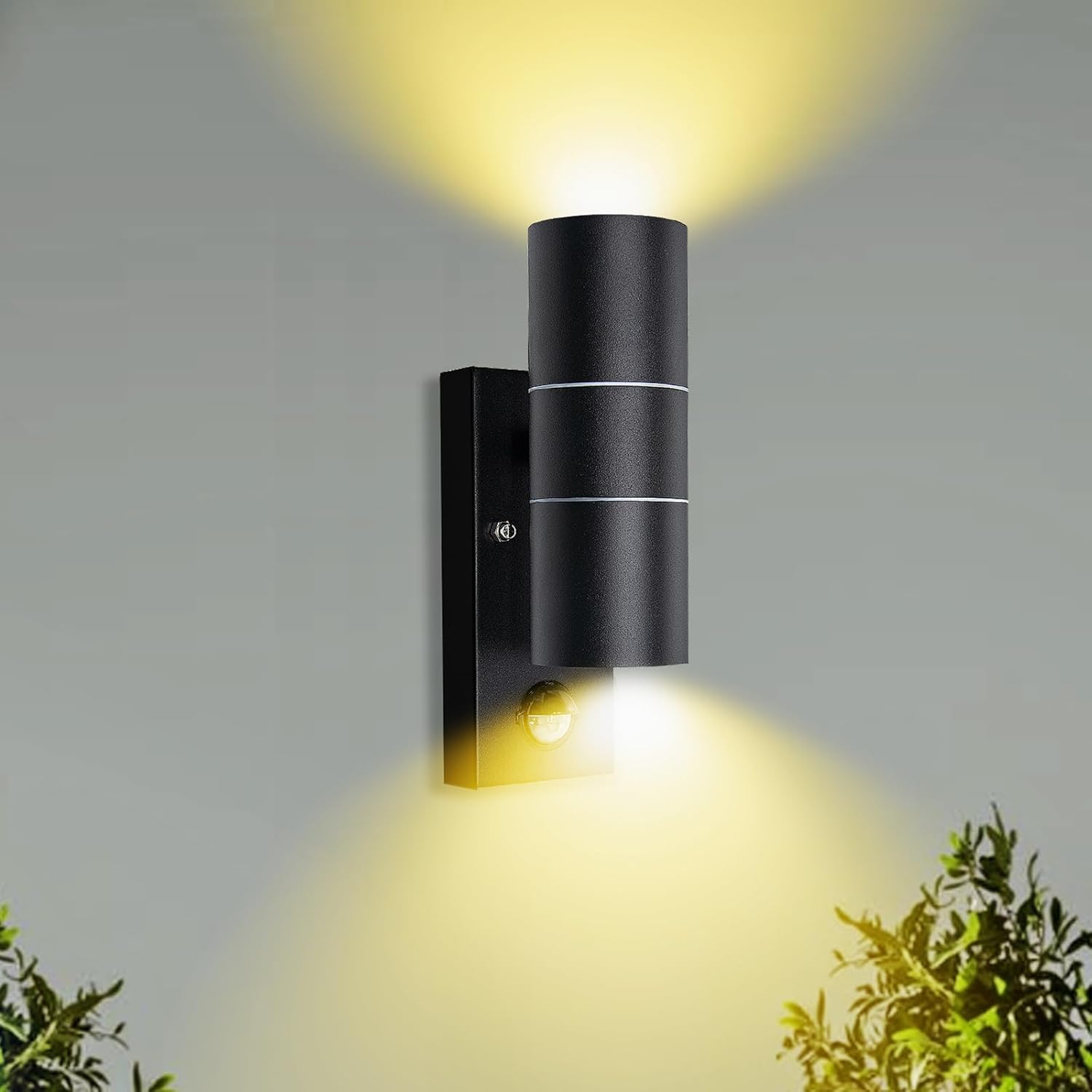 Unikcst Lámpara exterior LED con sensor de movimiento IP44 moderna, lámpara exterior negra mate con bombilla GU10, aplique de pared exterior 230V que incluye 2 bombillas GU10 de 5W blanco cálido