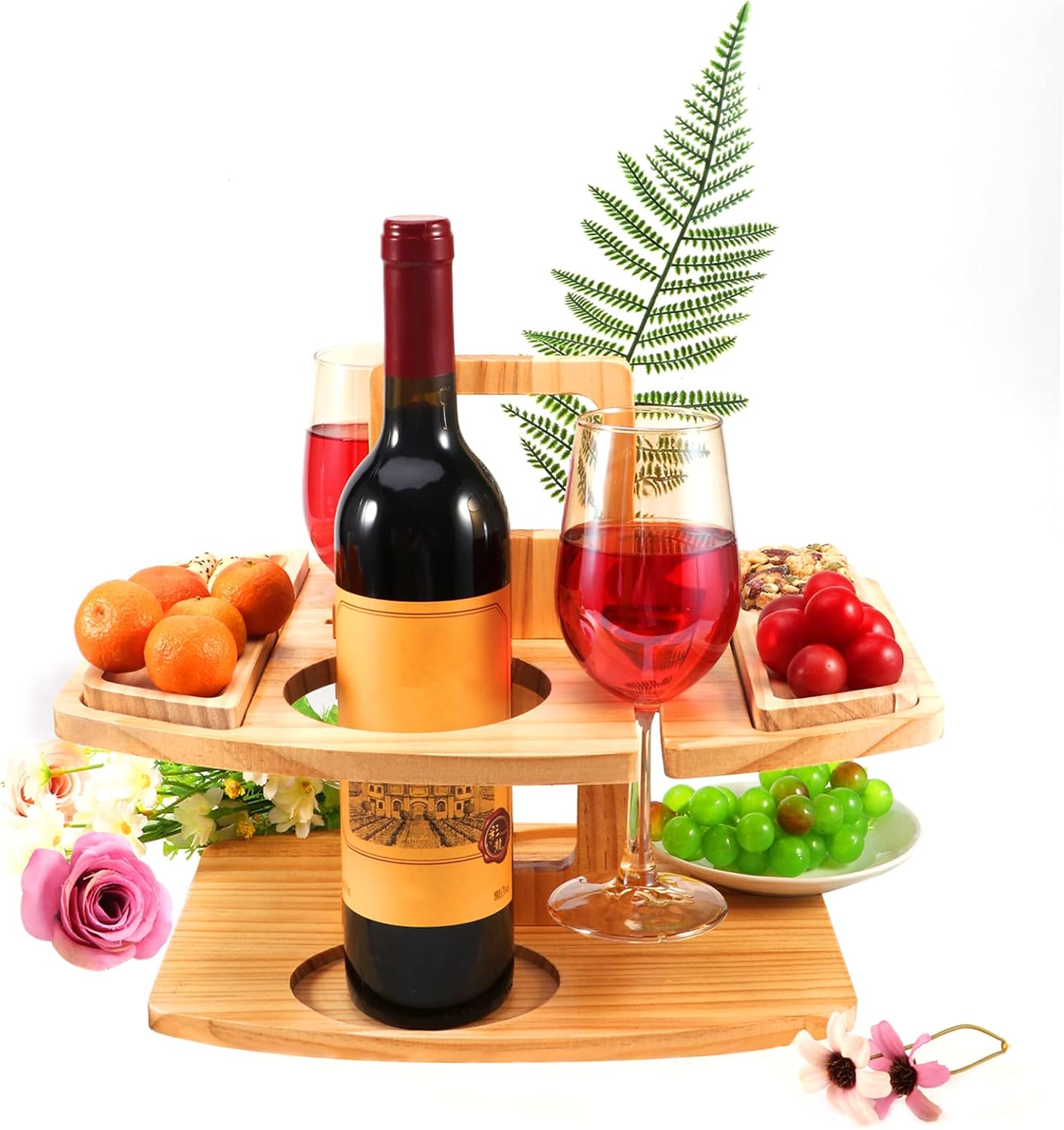 Mesa de picnic para vino al aire libre MVPACKEEY, bandeja grande plegable portátil de madera para aperitivos y quesos, bandeja con compartimentos y asa, soporte ajustable para copas de vino para conciertos en el parque, playa y camping.