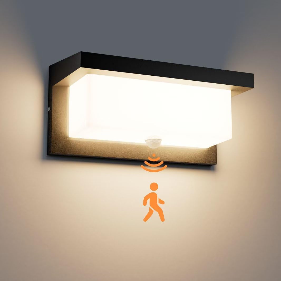 Aplique de pared exterior Audor con sensor de movimiento, 18 W, IP65, LED, luz blanca cálida, resistente al agua, para jardín, pasillo y escalera.