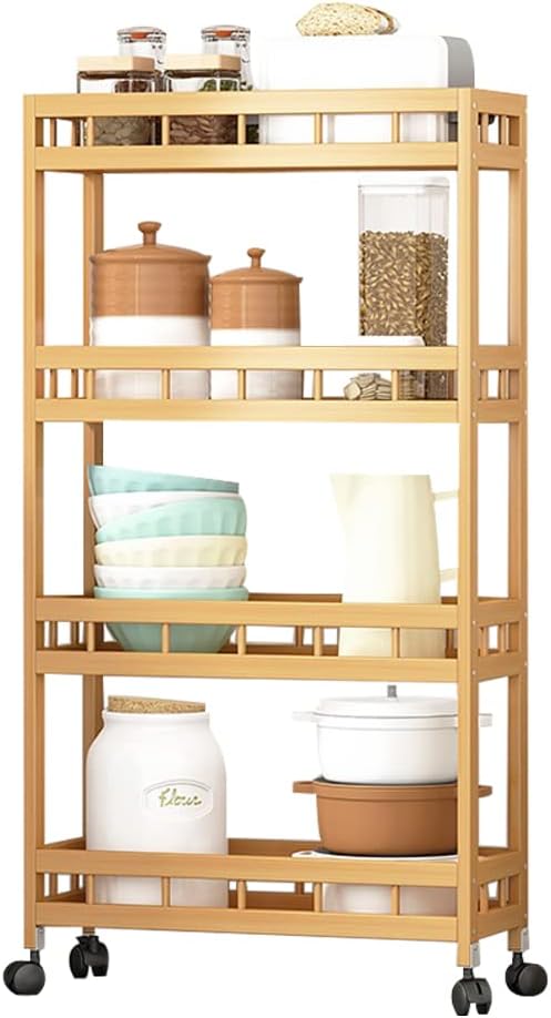 TIE-DailyNec Carrito de cocina de bambú de 4 niveles con ruedas, carrito con ruedas, estante de almacenamiento multifuncional (50 x 18 x 96 cm)