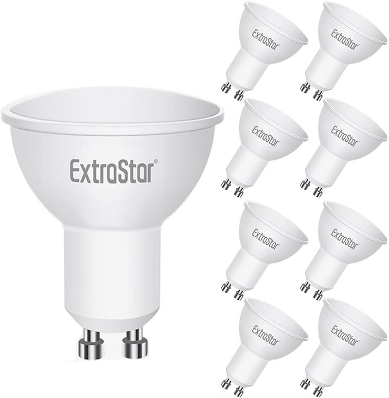 EXTRASTAR Bombilla LED GU10 7W, 600 Lúmen, Luz Frío 6500K, Equivalente a 48 W Halógena, No regulable, Pack de 8