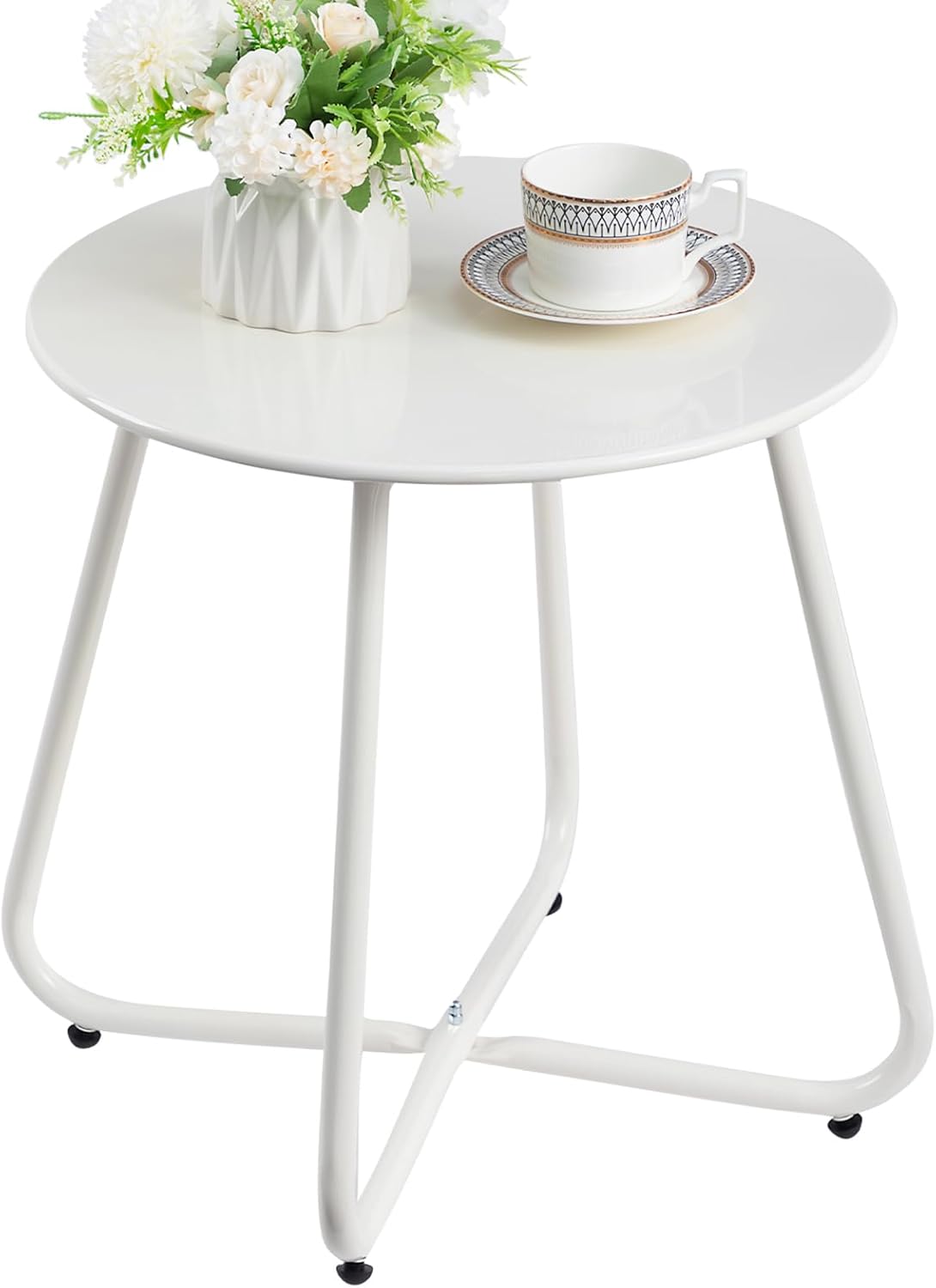 HollyHOME Mesa de Jardín Redonda, Mesa Auxiliar para Patio, Mesa Auxiliar Pequeña Mesa de Centro Mesa de Metal para Sala de Estar, Jardín, Patio, Balcón, Exterior, Blanco