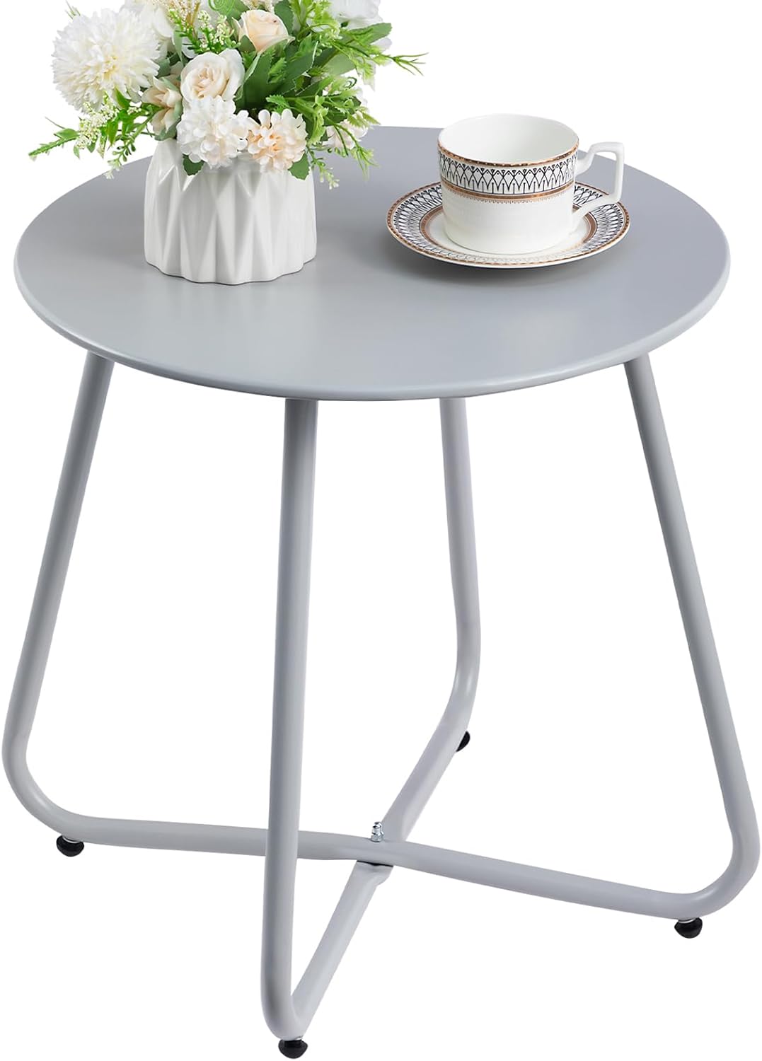 HollyHOME Mesa de Jardín Redonda, Mesa Auxiliar para Patio, Mesa Auxiliar Pequeña Mesa de Centro Mesa de Metal para Sala de Estar, Jardín, Patio, Balcón, Exterior, Gris