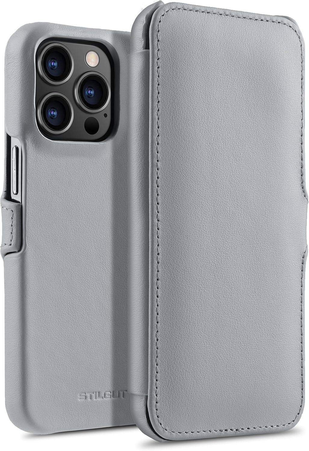 STILGUT Funda Compatible con iPhone 13 Pro Max, Tapa Lateral y Cierre de Clip en Piel Auténtica, Gris Napa