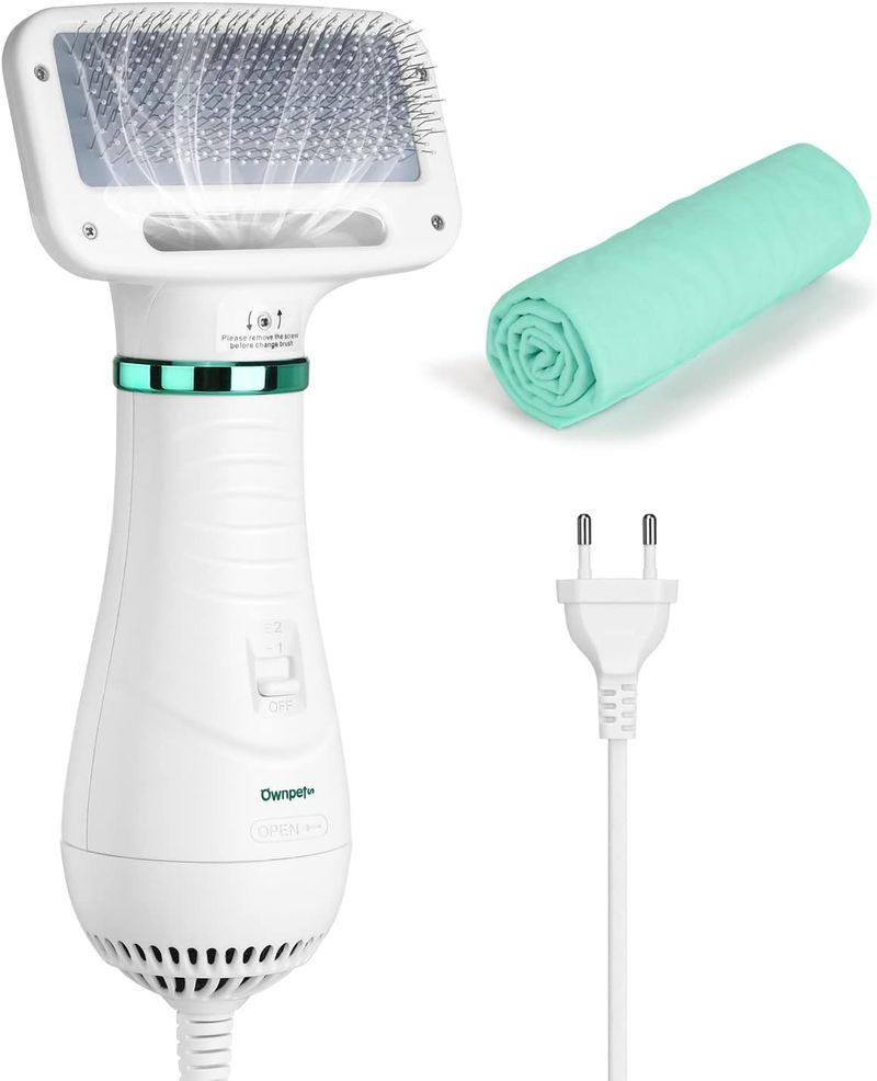Ownpets Secador de Perro con Peine de Piel, 2 en 1, secador de Pelo, Cepillo para Mascotas, secador de Perros, Temperatura Ajustable (2 Niveles de 40 o 60 ?)