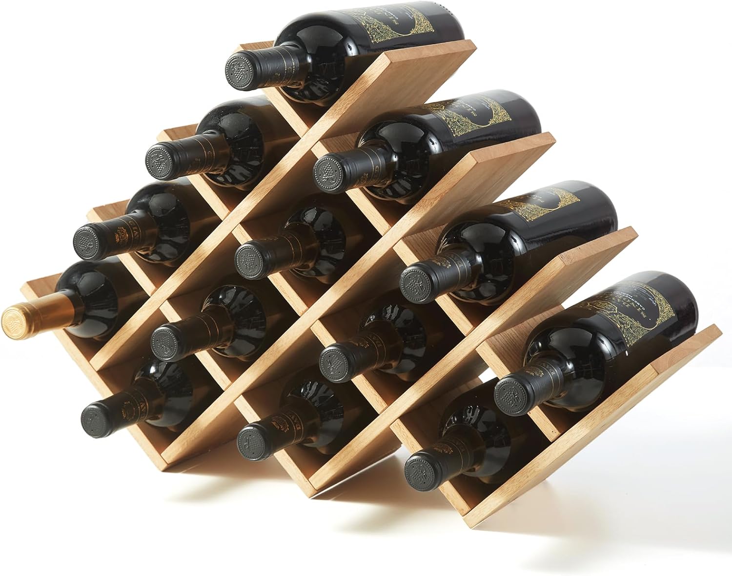 KIRIGEN botellero de Madera para 13 Botellas de Vino, botellero de Madera de 4 Niveles para Vino, botellero de pie y de mostrador, botellero y botellero de Cristal para Armario. natürliche Farbe