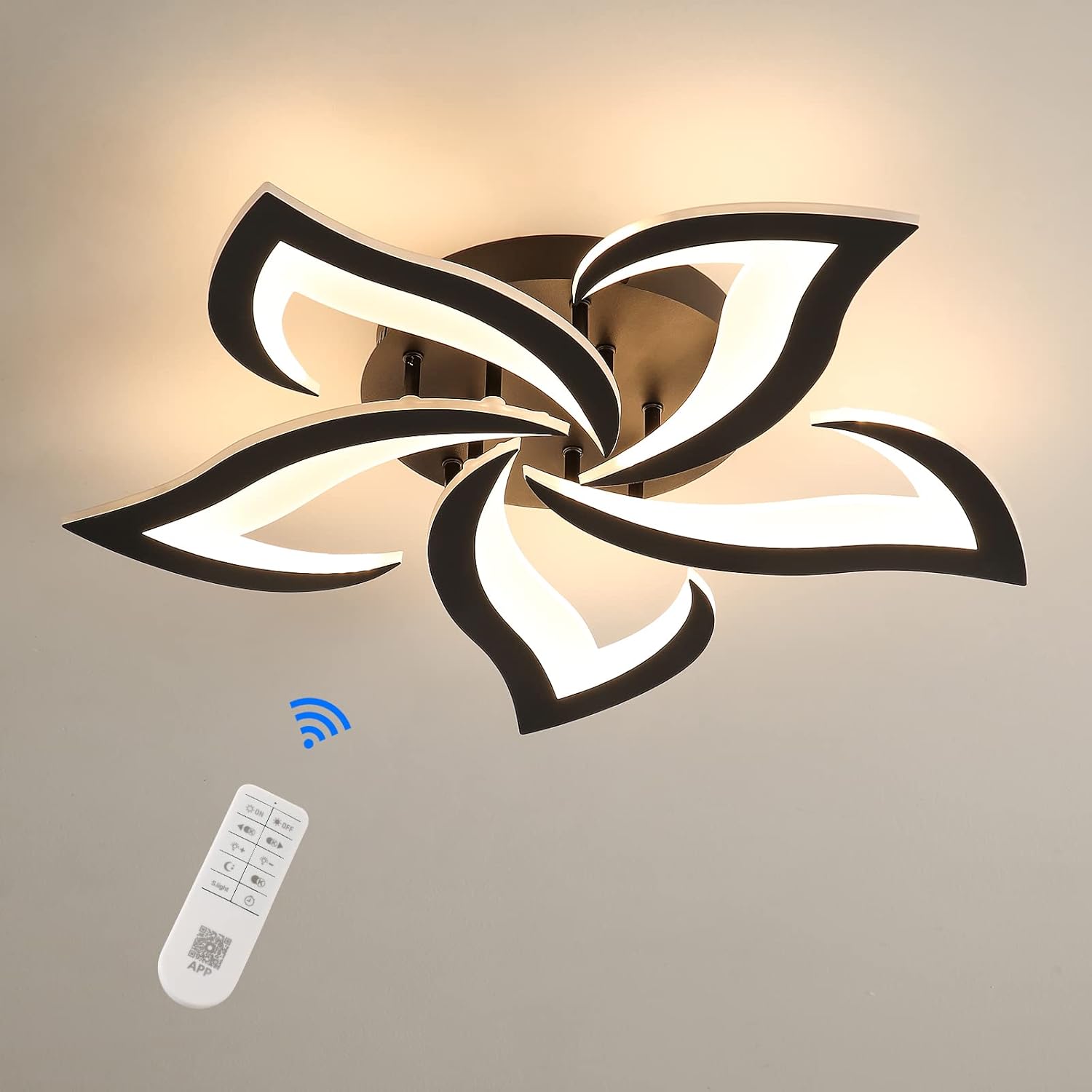 Lámpara de techo LED Riserva, regulable, 40W 3000K-6500K, negra, con mando a distancia, diseño creativo en forma de pétalo, lámpara de techo moderna para salón, dormitorio, comedor, Φ60 cm
