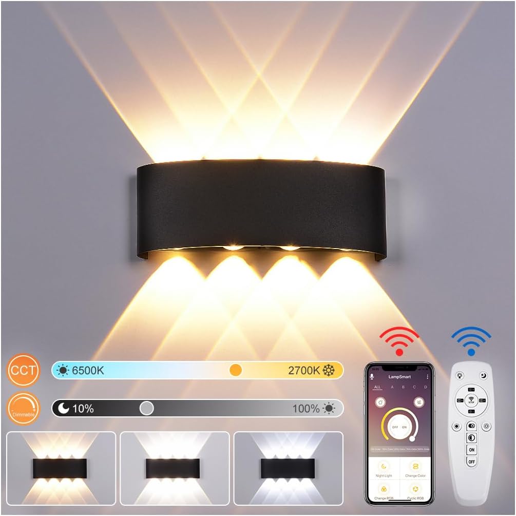 Lámina de pared LED en el interior, lámpara de pared inteligente de 8 W con luz de control remoto luz de pared tibia blanca cálida | blanco frío | blanco neutral ajustable, ip65 luces de pared exterior impermeables lámparas de pared de aluminio afuera (negra)