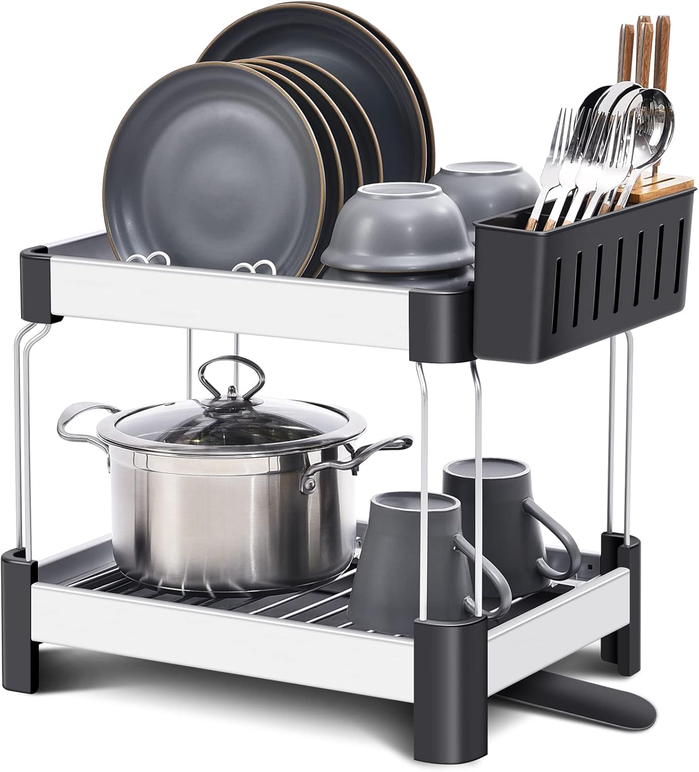 APEXCHASER Escurridor de Platos de Aluminio de 2 Niveles, escurridor de Platos para Fregadero, escurridor de Platos con Marco antioxidante, Bandeja de Goteo con Pico Giratorio de 360° Cocina Comedor