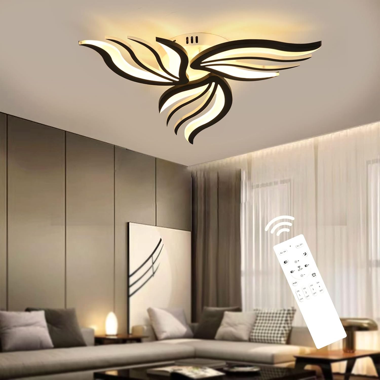 Lámpara de techo LED moderna regulable Lihaian - Lámpara de techo de 30 W para sala de estar y dormitorio con control remoto, cambio de color de luz y brillo - Iluminación interior regulable en color negro