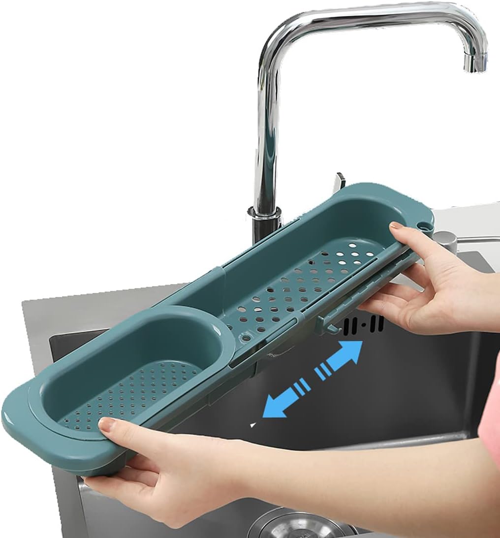 SUNYEAP Organizador de fregadero de cocina con soporte telescópico expandible y organizador de esponja (verde)