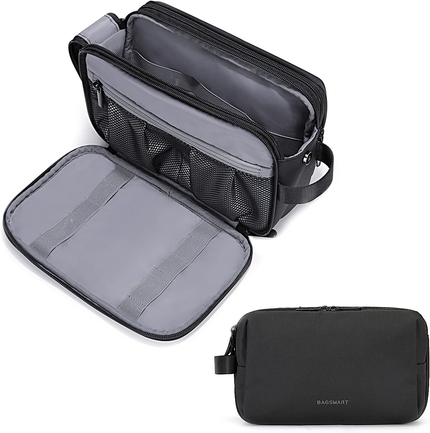 BAGSMART Neceser de viaje para hombre, bolsa de aseo con doble apertura de cremallera, gran espacio de almacenamiento, 5 L, Negro