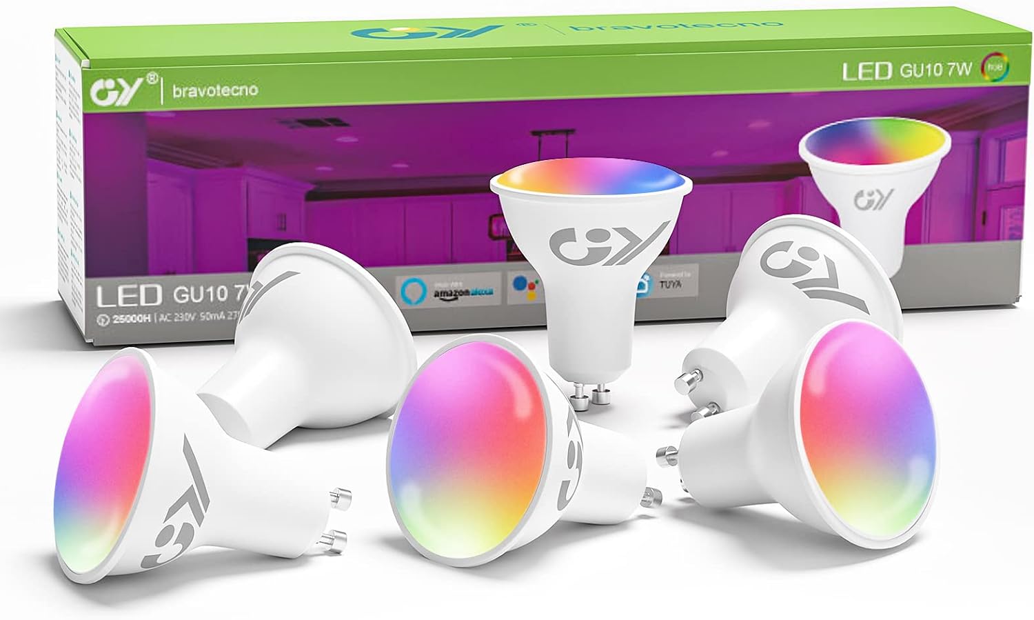 GY Bombilla Inteligente GU10 Compatible con Alexa/Google Home, Bombilla Inteligente Alexa 7W 500LM GU10 Bombilla LED, 2700K-6500K Luces Cálidas/Frías & RGB Regulable,Control de Voz, 6 Paquete