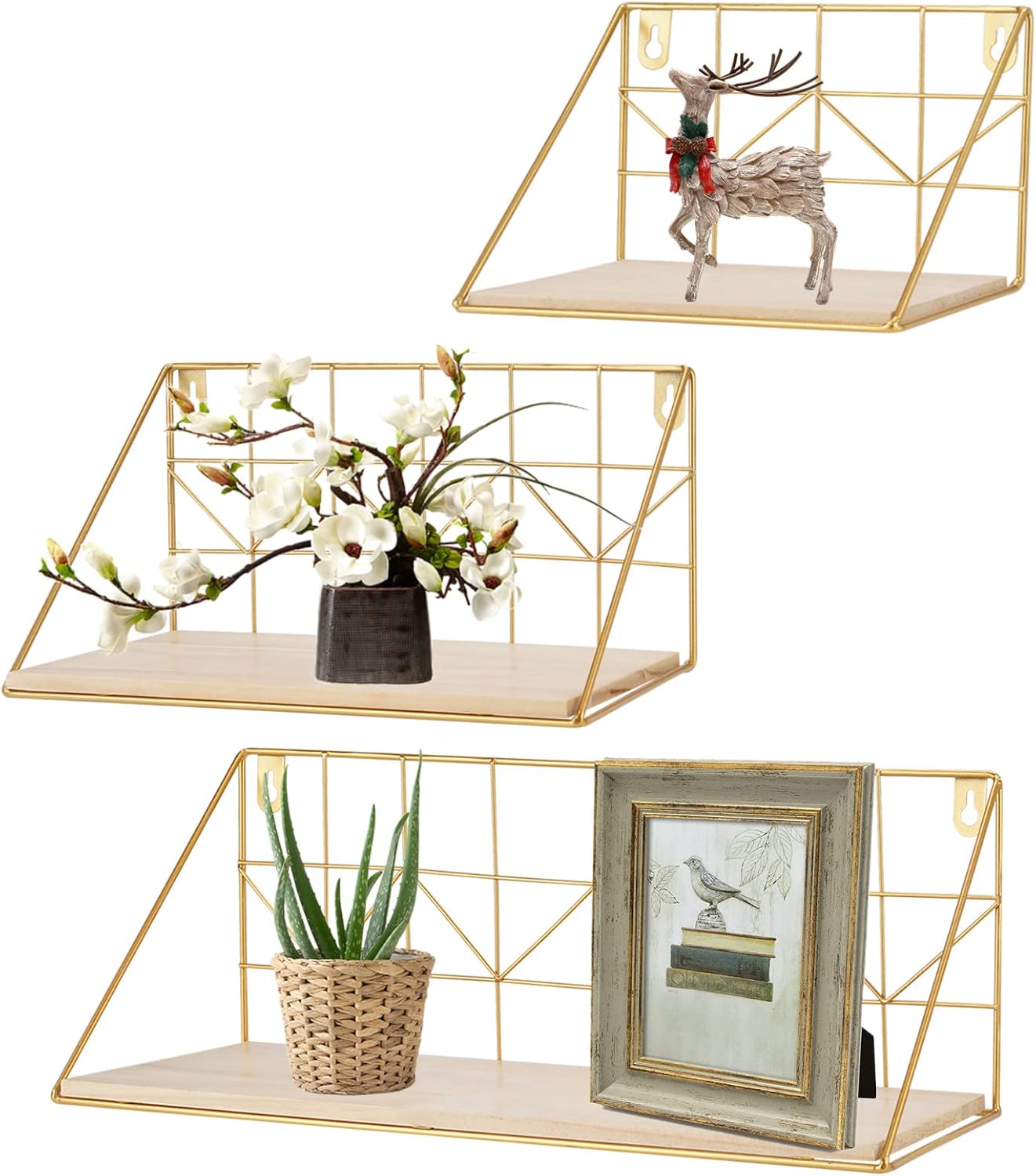 Estantería de pared dorada de metal, juego de 3 estantes de madera, estante de cocina, estante flotante para dormitorio, salón, cocina, oficina